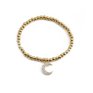 Elegant gold beaded stretch bracelet featuring a crescent moon pendant with crystals