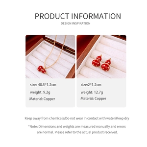Detail showing 18k gold plated red gourd necklace and earrings with product dimensions