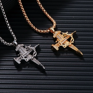 Hip hop cross and anchor pendant necklace with zircons in gold and silver finish