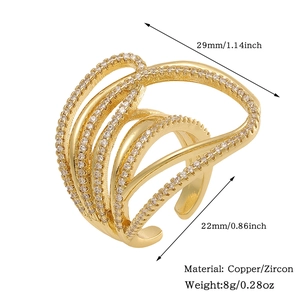 Detail view of gold butterfly flower ring with zircon inlays and size dimensions