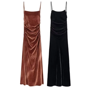 Velvet Camisole Ruched Midi Dress Spaghetti Strap Slim Fit Elegant Party Bodycon Dress For Women