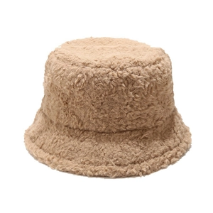 Minimalist warm khaki faux fur bucket hat for women in premium fleece material