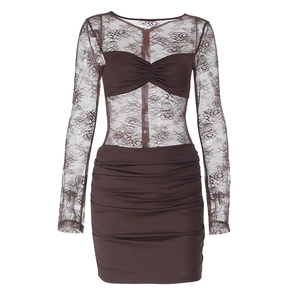 Detail of floral lace bodice and ruched skirt on a brown long sleeve mini dress