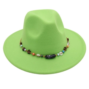 Close-up of lime green wool felt fedora with colorful ethnic beaded trim and braided rope