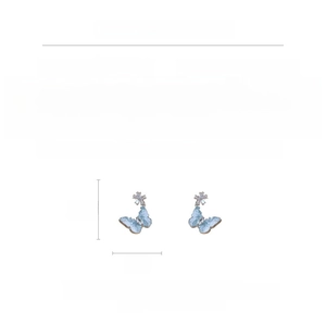 Detail view of blue crystal butterfly earrings with size specs and zircon material