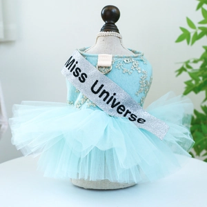 Detail of light blue pet gown with lace patterns and a glitter Miss Universe sash