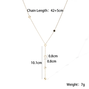 Macro shot of gold Y-necklace showing chain length 42+5cm and 10.1cm drop dimensions