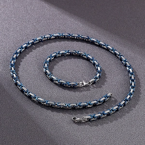 Macro detail of blue and silver Byzantine chain link necklace with lobster clasp