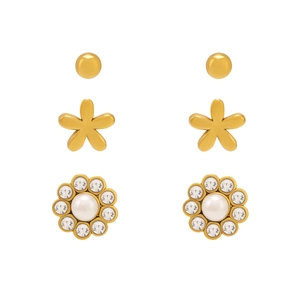 Golden stainless steel earring set featuring ball studs, flower shapes, and pearls