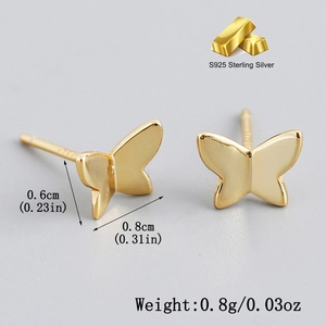 Macro view of S925 sterling silver butterfly stud earrings with dimensions and weight info