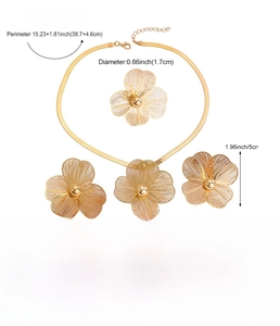 Detailed view of hollow floral iron jewelry set showing necklace and earrings dimensions