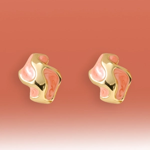 Abstract hollow oval earrings with gold metal frame and pink marble enamel texture