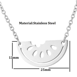 Polished stainless steel watermelon pendant necklace with dimensions 13mm by 25mm