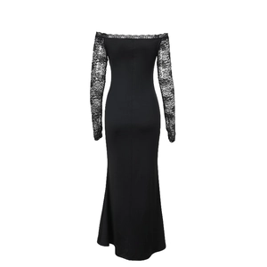 Détail du dos d'une robe de soirée col bardot avec manches en dentelle et coupe sirène