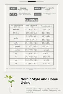 Size chart table for Nordic MDF wood photo frames showing dimensions from 5 inch to A3 A4
