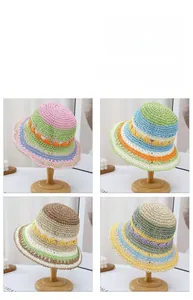Detail of multi-color striped crochet sun hat showing wave brim and wide sunshade