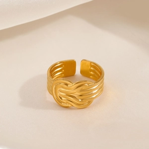 Minimalist 18K gold plated stainless steel open ring with a wide twisted knot texture