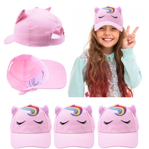 Kinder Mädchen Einhorn Baseballkappe Baumwolle Verstellbarer Sonnenhut Mit Regenbogen Stickerei Und Pailletten Ohren Outdoor Rosa Hut