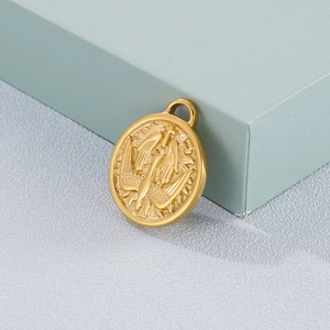Golden stainless steel round pendant featuring a bird and hands engraving