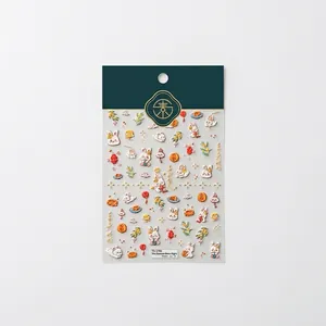 Stickers ongles 5D relief Fête de la lune avec motifs lapin de jade mignon et gâteaux de lune