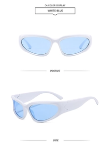 Front and side view of white wrap-around sunglasses with light blue lenses for sports