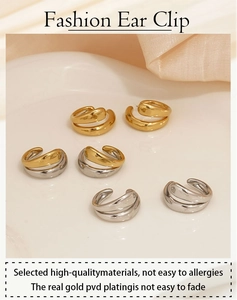 Detailed view of gold, silver and bicolor PVD plated stainless steel hoop ear clips