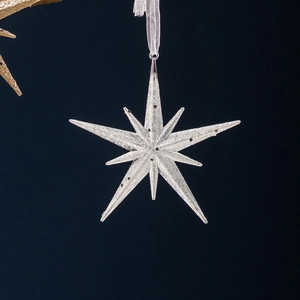 Sparkling silver Christmas explosion star ornament with white silk ribbon hanging decoration