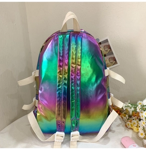 Laser gradient backpack featuring adjustable woven straps and a glossy metallic PU finish