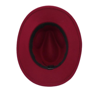 Inside view of burgundy felt jazz hat showing size 58 label and sweatband detail