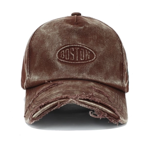 Vintage washed cotton baseball cap with Boston embroidery and distressed ripped details