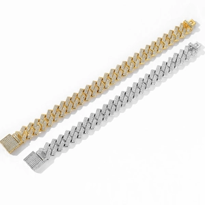 Mens 14mm hip hop Cuban link bracelets in gold and silver finish with micro paved cubic zirconia