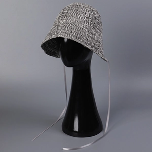Handcrafted grey crochet bucket hat for women with tie straps for summer sun protection