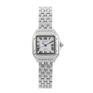 Women's square silver quartz watch with roman numerals and stainless steel strap