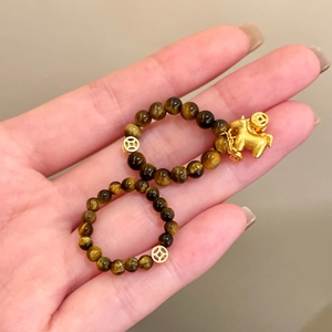New Chinese style tiger eye stone beaded rings with gold pig and coin charms for women