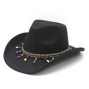 Classic black wool felt cowboy hat with bohemian colorful beaded geometric hatband