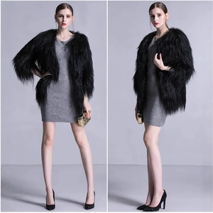 Women's black long faux fur coat with grey knit dress shown in front and side view