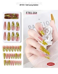 Detail of green daisy coffin press-on nails with white polka dots and 24-piece set layout