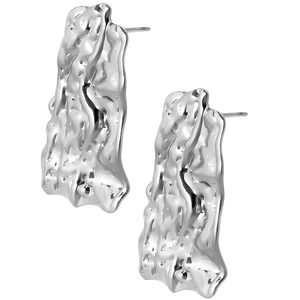 Detailed view of silver 304 stainless steel earrings with irregular molten lava texture