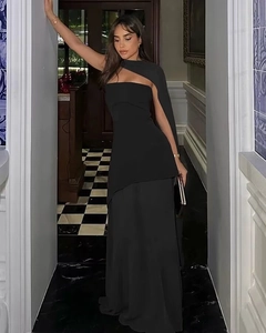 Detail of elegant black one-shoulder evening gown with sexy cutout design and floor length