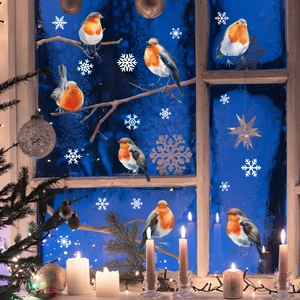 Weihnachts-Fensteraufkleber Set mit realistischen Rotkehlchen und weißen Schneeflocken