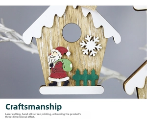 Detail of wooden Christmas house pendant with Santa Claus and 3D snowflake patterns