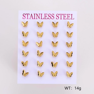 Detailed set of 12 pairs of golden stainless steel butterfly stud earrings on display card