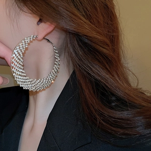 Dettaglio di grandi orecchini a cerchio in argento con strass lucidi su una modella