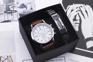 Mens fashion watch set with brown crocodile leather strap and black rubber bracelet in gift box