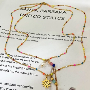 Double-layer 18k gold plated necklace with colorful stone beads and sun pendant
