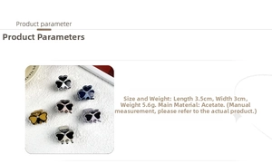 Detailed product dimensions of clover acetate hair claws showing size 3.5cm and weight 5.6g
