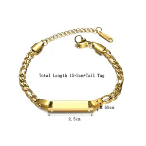 Gold stainless steel Figaro chain bracelet with polished bar and lobster clasp