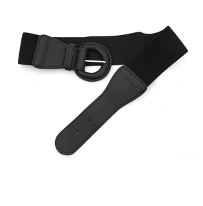 Close-up of a wide black elastic waist belt with faux leather buckle for women