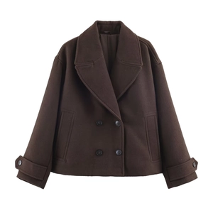 Short dark brown double-breasted woolen coat for women with a classic lapel collar