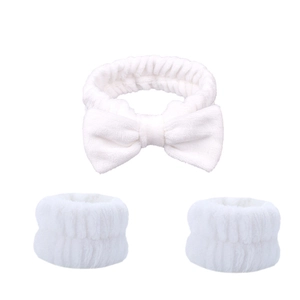 Soft white coral fleece headband with bow and matching wristbands for face washing